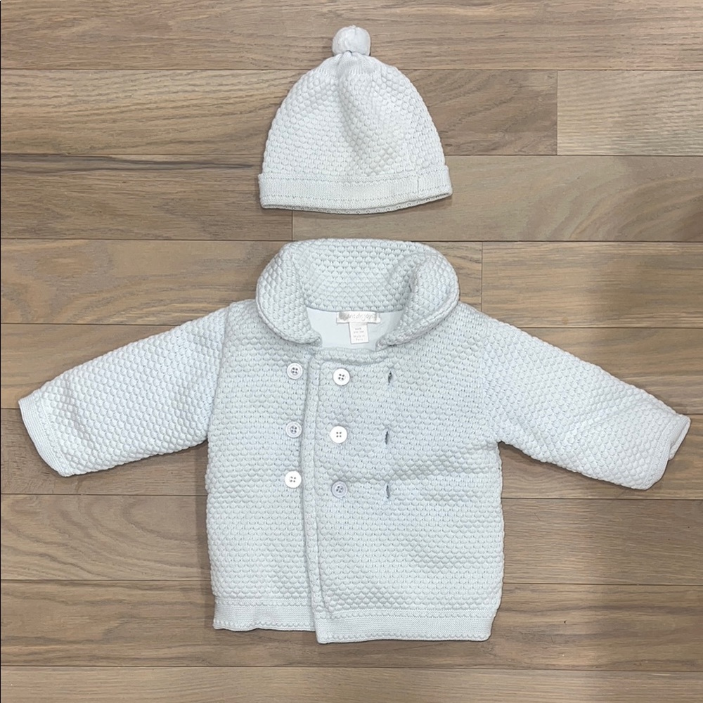 Textured Light Blue Knit Baby Jacket and Hat